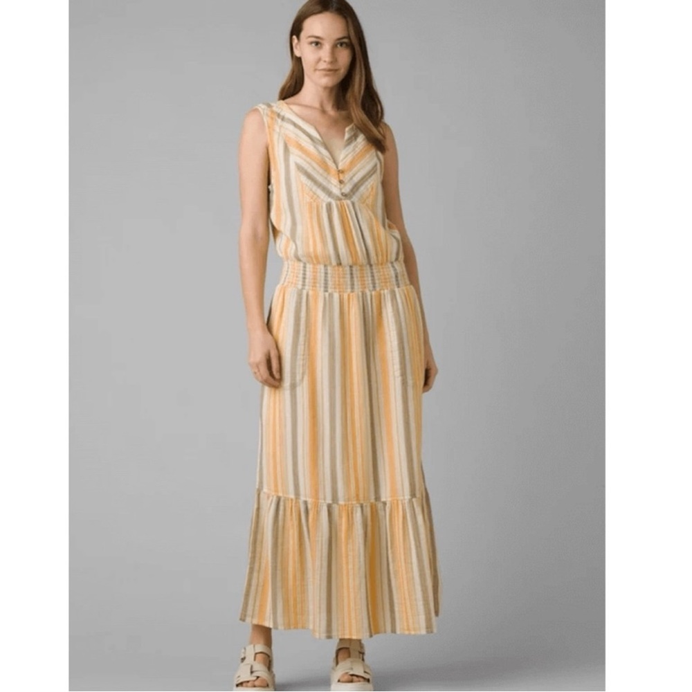 🆕 PrAna Dress California Dreaming Golden Hour Stripe Yellow Orange Cream 0 2 XS